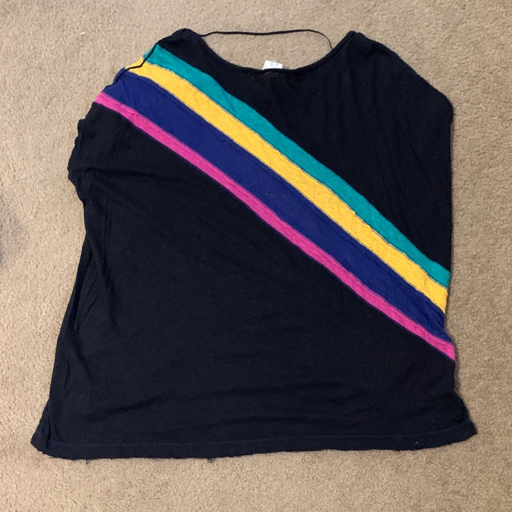 We The Free Black Rainbow Striped Burn Out Linen Blend Tee Sz M - Picture 4 of 8